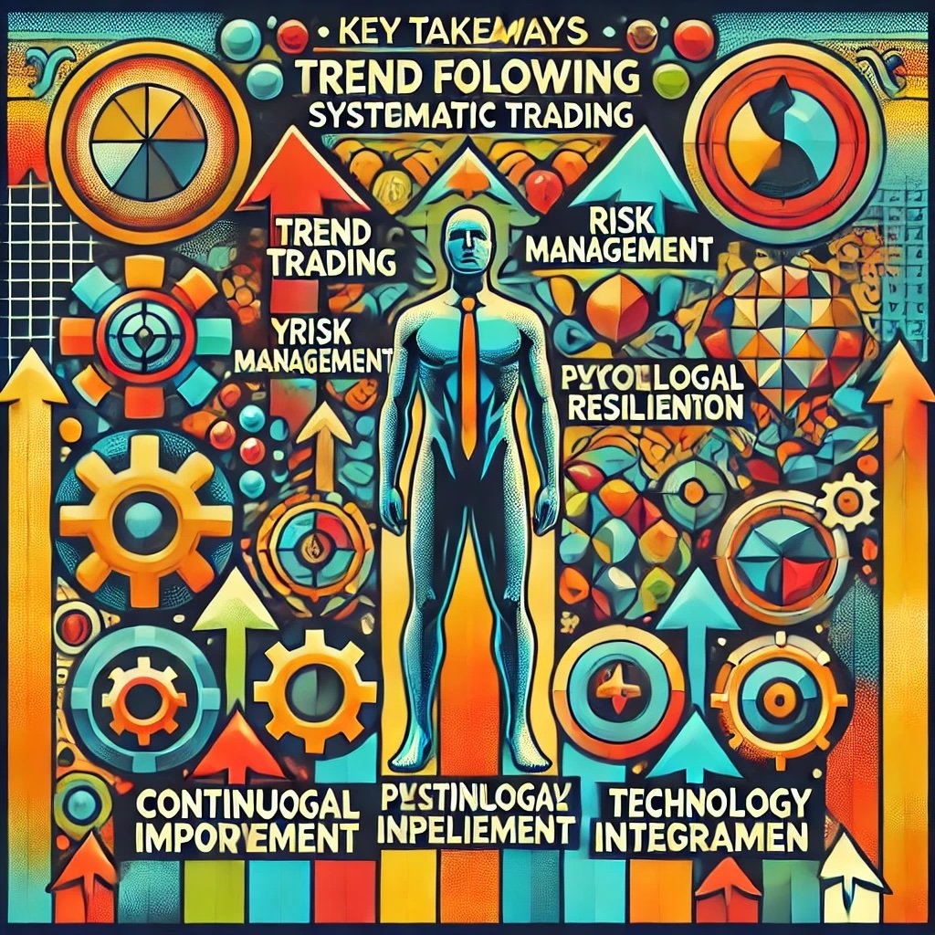 key takeaways from Bill Dunn’s trading approach such as trend following, systematic trading, risk management, diversification, psychological resilience, continuous improvement, technological integration, and adaptability