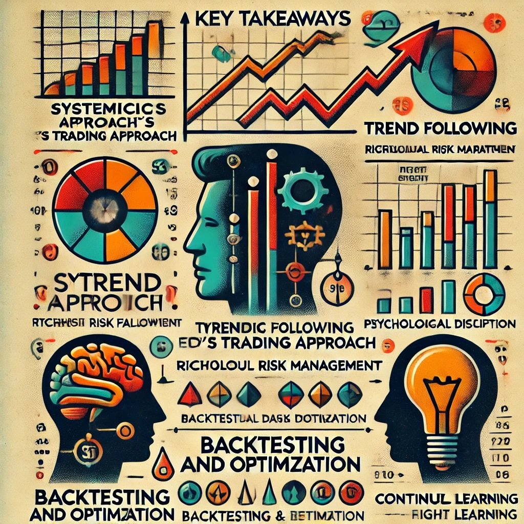 Key Takeaways from Ed Seykota’s Trading Approach," highlighting principles like Systematic Approach, Trend Following, Rigorous Risk Management, Psychological Discipline, Backtesting and Optimization, and Continuous Learning