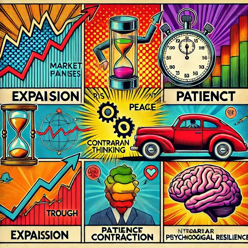 key takeaways from Howard Marks' approach to mastering market cycles with market phases, risk management, patience, contrarian thinking, and psychological resilience