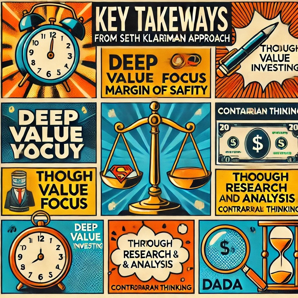 Key Takeaways from Seth Klarman’s Deep Value Investing Approach highlighting key concepts like deep value focus, margin of safety, thorough research, contrarian thinking, and long-term perspective