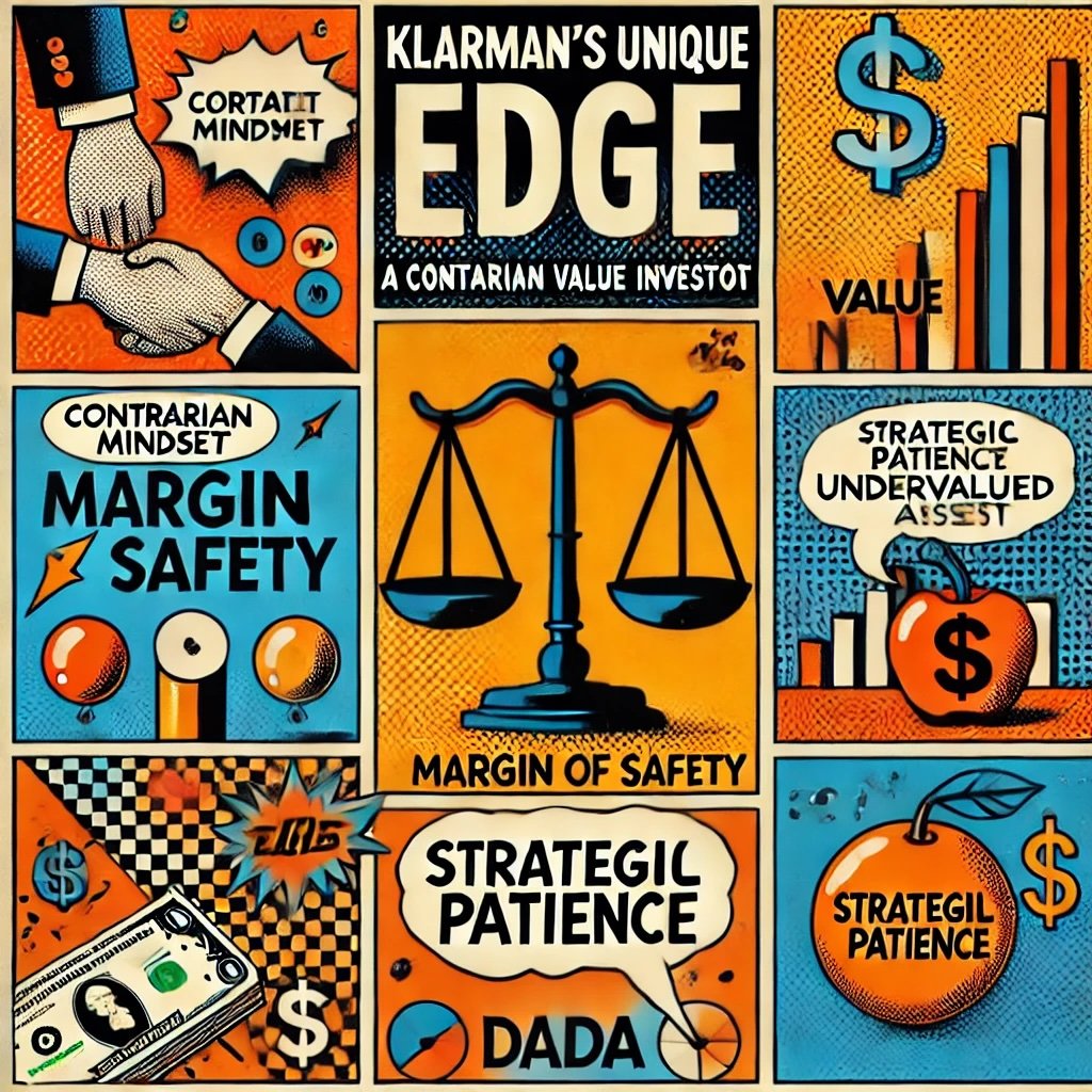 Klarman’s Unique Edge featuring his contrarian mindset, margin of safety, and strategic patience, brought to life