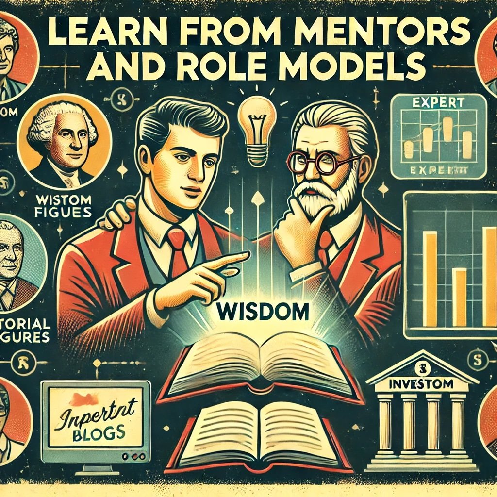 Learn from Mentors and Role Models features two figures symbolizing mentorship with one pointing to glowing book labeled Wisdom and a chalkboard with investment diagrams