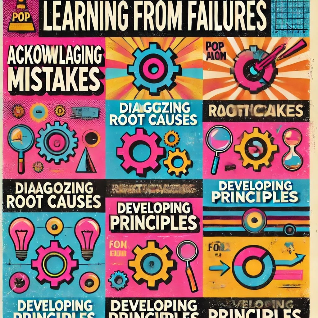 Learning from Failures illustrates key concepts like acknowledging mistakes, diagnosing root causes, and developing principles