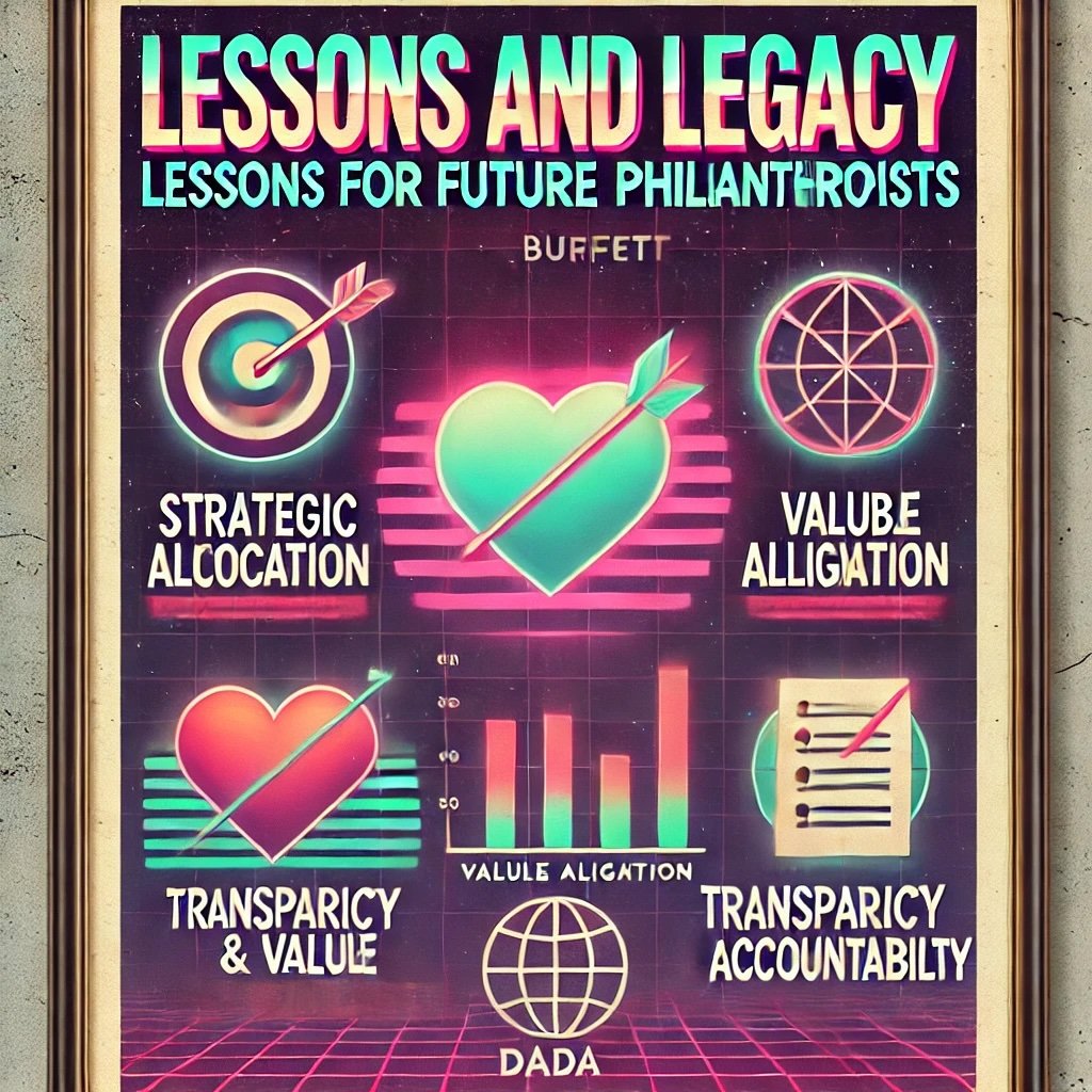 Lessons and Legacy Lessons for Future Philanthropists featuring a target for strategic allocation, globe for value alignment highlight key principles from Buffett's philanthropic approach