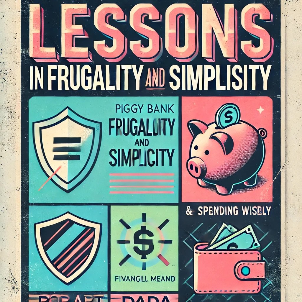 Lessons in Frugality and Simplicity with icons like a piggy bank for savings emphasizing the benefits of living below one’s means and the peace of mind it offers