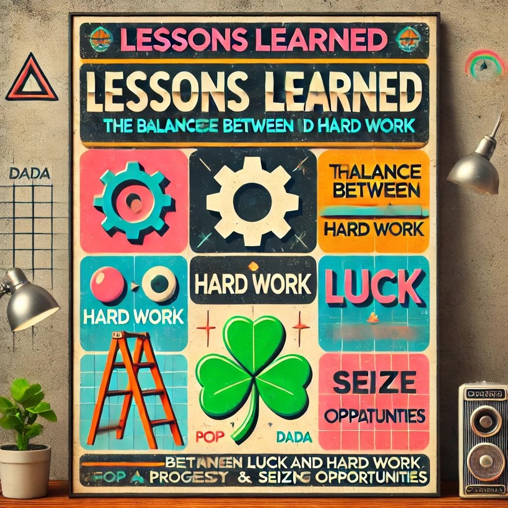 Lessons Learned The Balance Between Luck and Hard Work featuring icons like a gear for hard work, a four-leaf clover for luck, and a ladder for progress and seizing opportunities