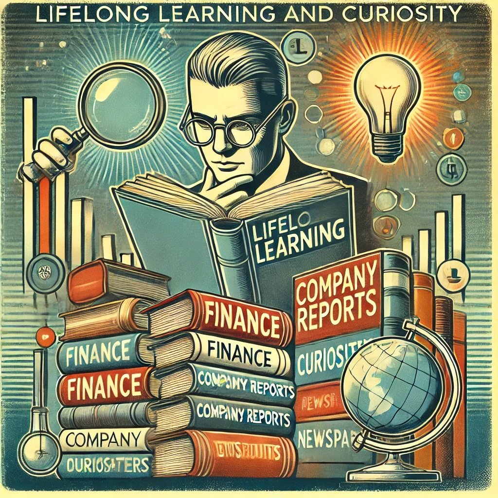 Lifelong Learning and Curiosity featuring stacks of books labeled "Finance," "Company Reports," and "Newspapers," with a magnifying glass symbolizing curiosity