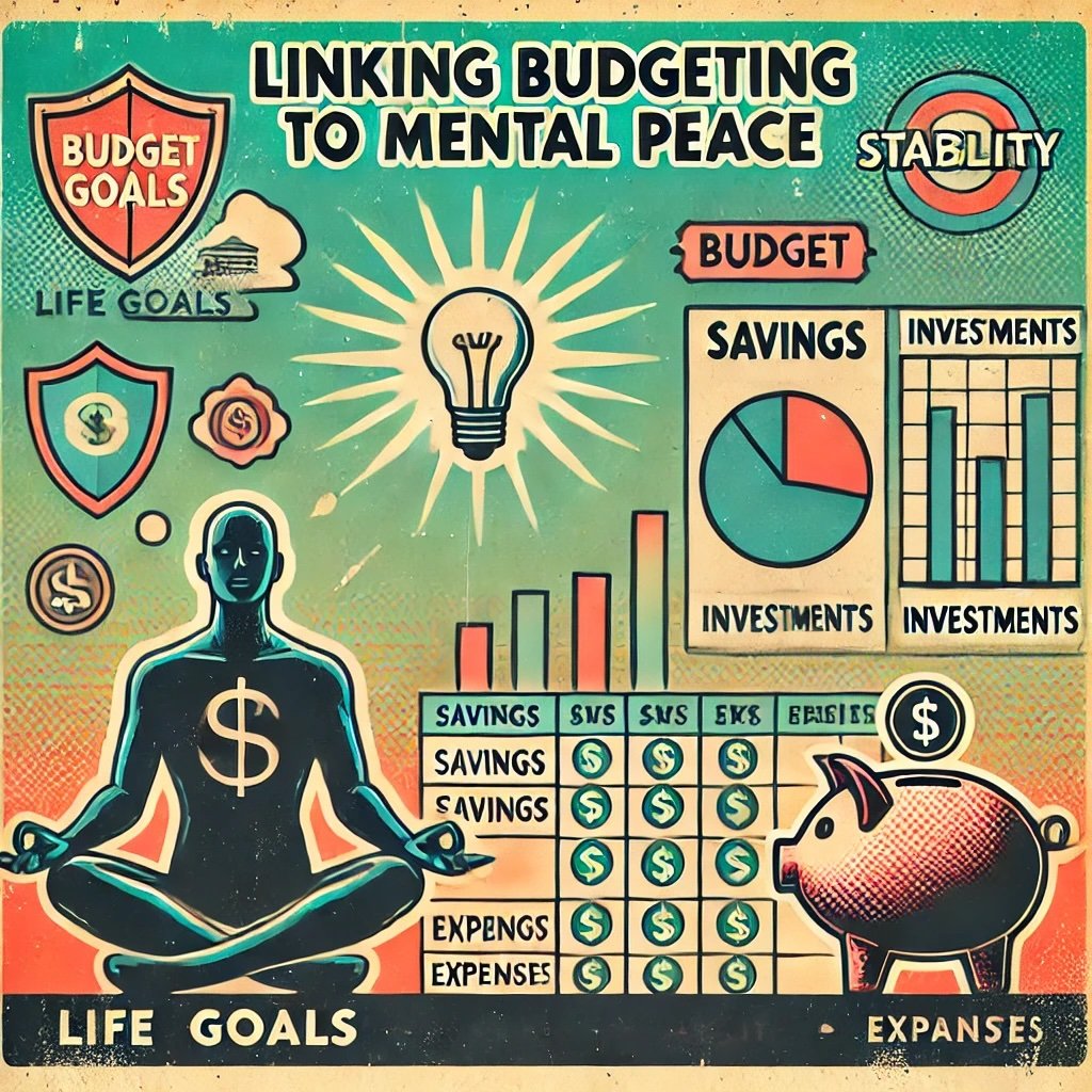 Linking Budgeting to Mental Peace features a figure meditating beside a budget chart labeled Life Goals, with categories like Savings, Investments, and Expenses