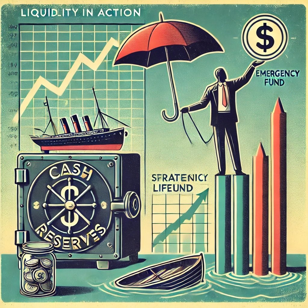 Liquidity in Action features a figure standing beside a vault labeled Cash Reserves extending a financial lifeline to distressed companies represented by sinking ships