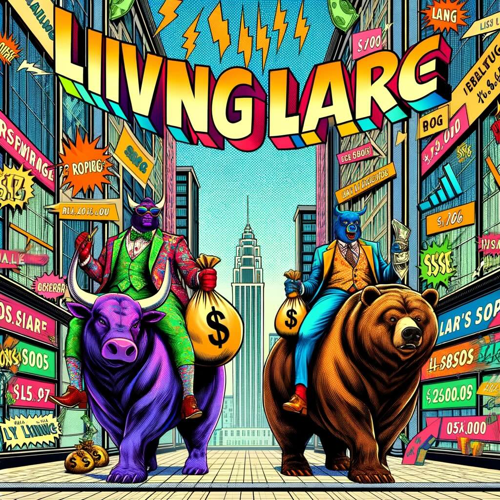 Living Large L/S Portfolio," where the thrilling world of long/short equity strategies is brought to life with cartoonish investors riding oversized stock market bulls and bears. This scene is filled with the vibrant energy and bold colors of Pop Art, humorously depicting the high-stakes atmosphere of aggressive investment tactics.