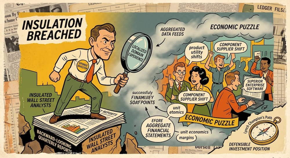 A caricatured investor, labeled 'Sponge Investor' and holding a 'Localized Domain Experience' magnifying glass, smashes through a wall titled 'Aggregated Data Feeds' to clear away a fog labeled 'Backward-Looking Quarterly Reports' that insulates Wall Street analysts. He reveals a vibrant 'Front Line' of commercial activity featuring caricatures identifying a 'Component Supplier Shift' and 'Superior Enterprise Software' as primary data.