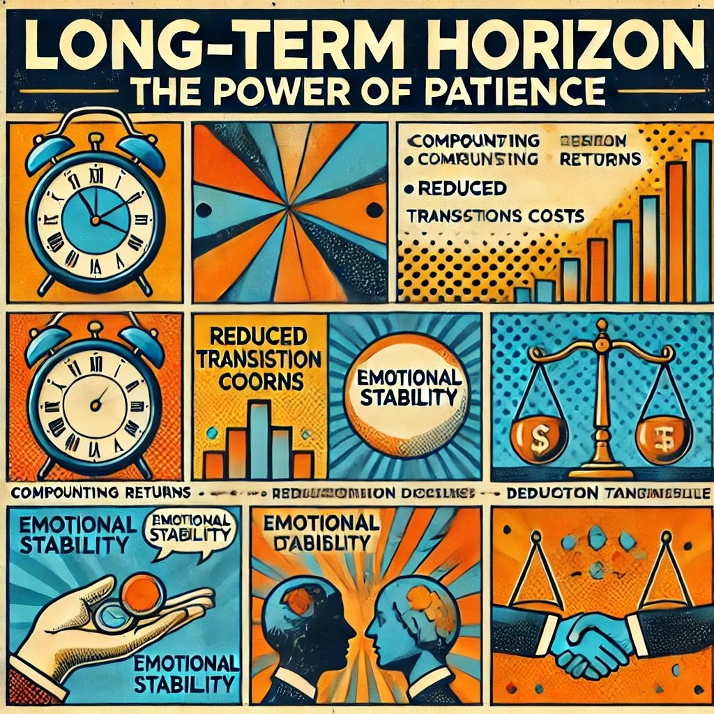 Long-Term Horizon: The Power of Patience highlighting key concepts like compounding returns, reduced transaction costs, and emotional discipline