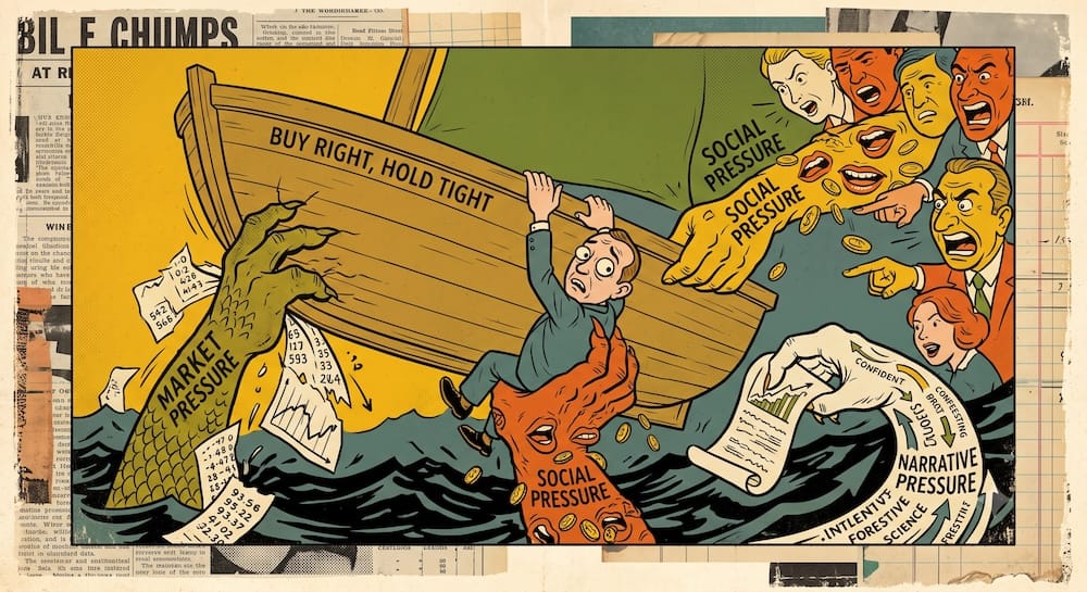 An investor clings to a lifeboat labeled 'BUY RIGHT, HOLD TIGHT', as massive hands labeled 'MARKET PRESSURE' (releasing falling stock charts), 'SOCIAL PRESSURE' (throwing gold coins from screaming faces), and 'NARRATIVE PRESSURE' (unrolling a confident forecasting scroll) try to engulf them in turbulent seas of financial uncertainty.