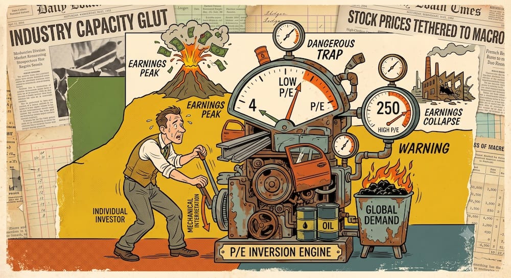 Peter Lynch’s Cyclical Category & The dangerous P/E Inversion Valuation Trap A stressed individual investor figure operating a chaotic P/E Inversion Engine. A paradoxical dial simultaneously shows Low P/E (4) near a booming auto peak and High P/E (250) near a decaying factory collapse, with 'Warning' and 'Dangerous Trap' phrases.