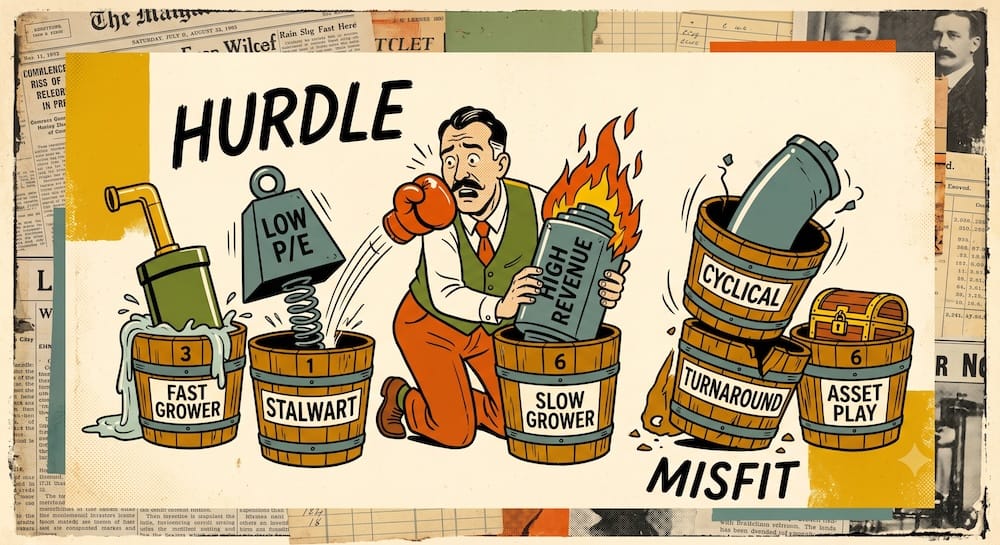 Peter Lynch’s Six Stock Categories & The Analytical Trap of Category Misfit Tickers A mustache investor attempting to categorize stock ticker 'widgets' (labeled low P/E, high revenue) into six large rustic labeled buckets: stalwarts, slow growers, cyclical, turnarounds, fast growers, asset plays. One bucket launches a punching glove, another is on fire, illustrating the hurdle of category misfits and stock failure.