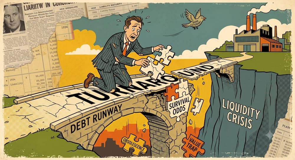 Peter Lynch’s Turnaround Category & The Messy Analytical Process of Balancing Survival Odds Against Crumbling Structural Runway A tattered businessman attempting to build a crumbling TURNAROUND bridge with falling puzzle pieces labeled VALUE TRAP and OBSOLESCENCE, spanning a chasm labeled LIQUIDITY CRISIS on crumbling stone labeled DEBT RUNWAY and SURVIVAL ODDS.