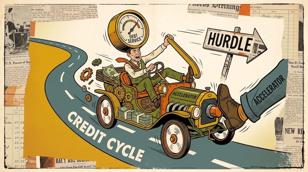 An expressive macro investor caricature with a DEBT SERVICE gauge head frantically hits an elongated brake pedal, which surrealistically triggers a heavy boot labeled ACCELERATOR. Gears fly as the archaic car careens wildly on a winding road labeled CREDIT CYCLE.