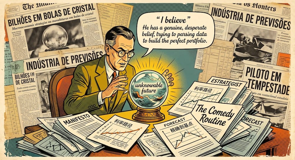 A caricatured macroeconomic strategist is intensely staring into a glowing crystal ball that reads 'unknowable future'. He is swamped by piles of documents like 'MANIFESTO', 'FORECAST', and 'The Comedy Routine', along with newspaper headlines in Portuguese about billions spent on crystal ball previews. 