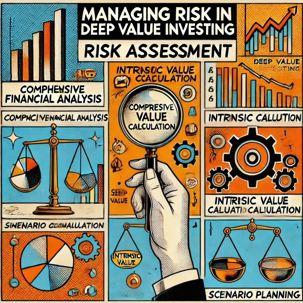 Managing Risk in Deep Value Investing Risk Assessment featuring key concepts like financial analysis, intrinsic value calculation, and scenario planning