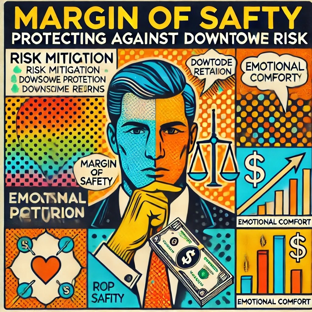 Margin of Safety: Protecting Against Downside Risk featuring key concepts like risk mitigation, enhanced returns, and emotional comfort