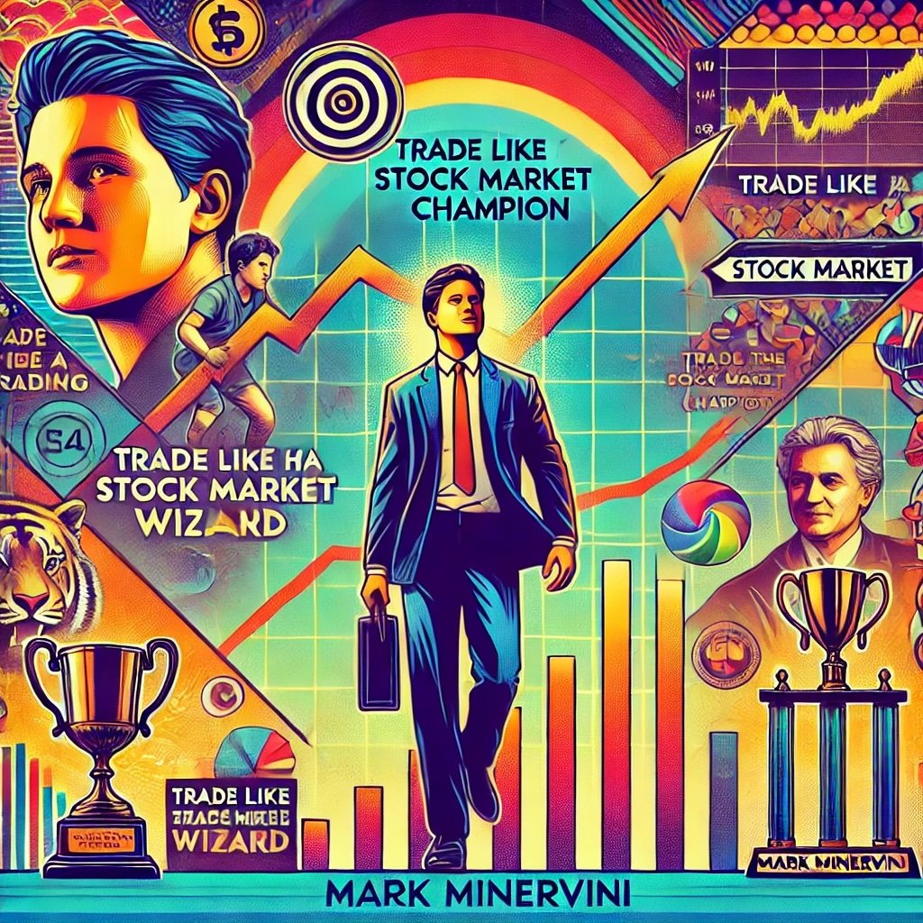 Mark Minervini's background and rise as a momentum trading champion captures his journey from a novice to a successful trader, featuring elements such as stock charts, financial imagery, trophies, and his key achievements