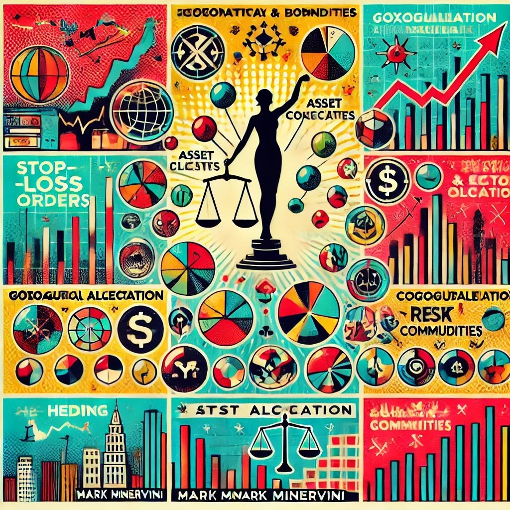 Mark Minervini’s risk management techniques captures the core aspects of diversification, risk-reward balance, and key strategies like hedging and stop-loss orders in a dynamic and artistic style