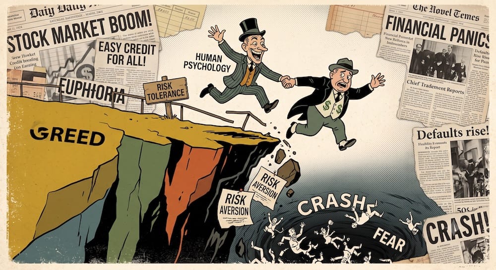 Péndulo del ciclo de mercado: El circuito cerrado entre el miedo y la codicia Caricaturas de la psicologia humana y la disponibilidad de capital saltando de un acantilado de codicia hacia un abismo de miedo. Carteles de tolerancia al riesgo y aversion al riesgo en estilo linea clara con recortes de diarios antiguos.