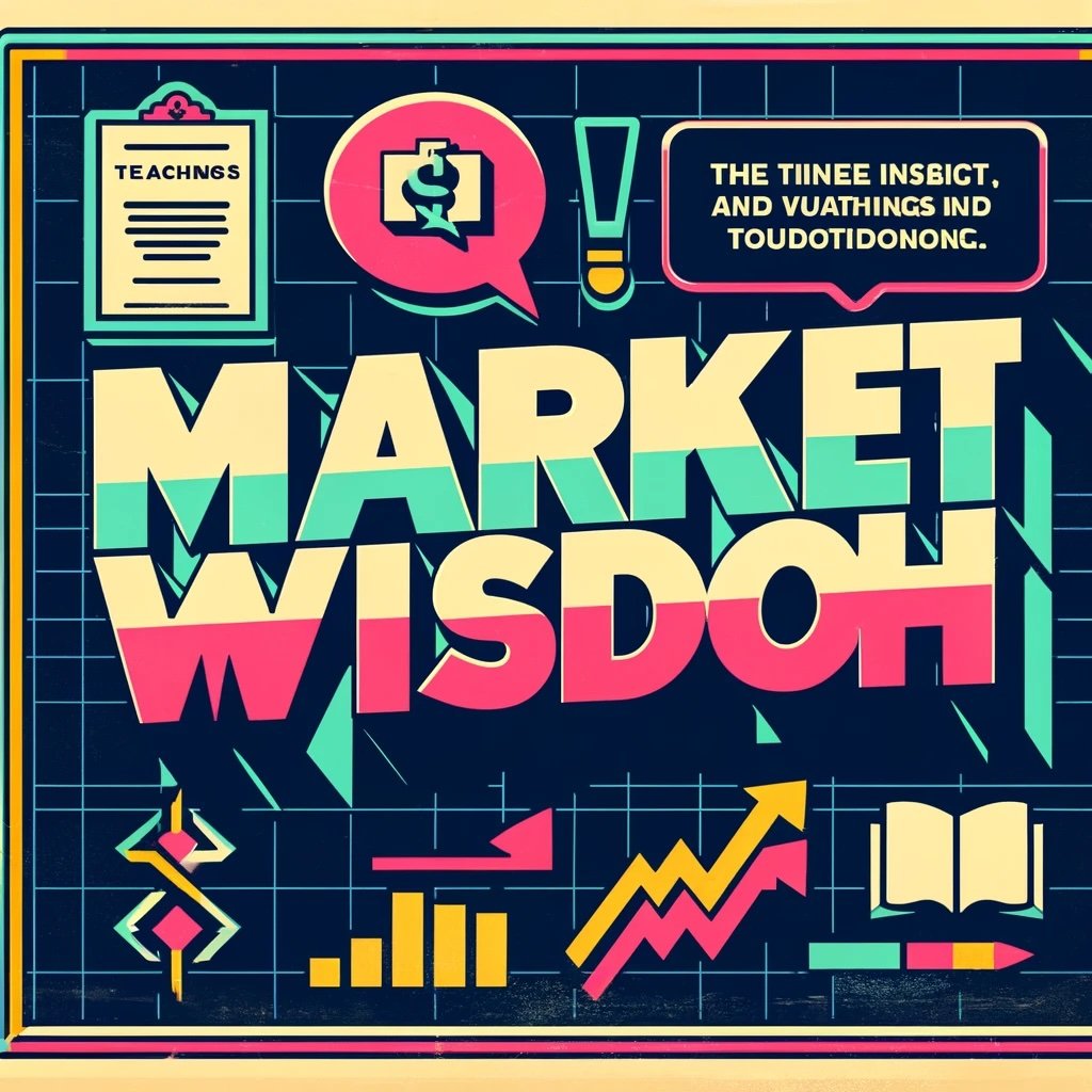 Market Wisdom symbols like a speech bubble for quotes, a book for teachings, and a zigzag arrow representing market volatility insightful depiction of investment wisdom