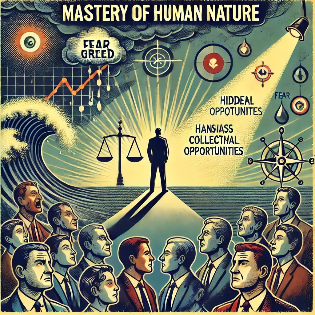 mastery of human nature in investing, depicting a serene figure standing firmly on solid ground, observing a stormy sea of investors swayed by fear and greed