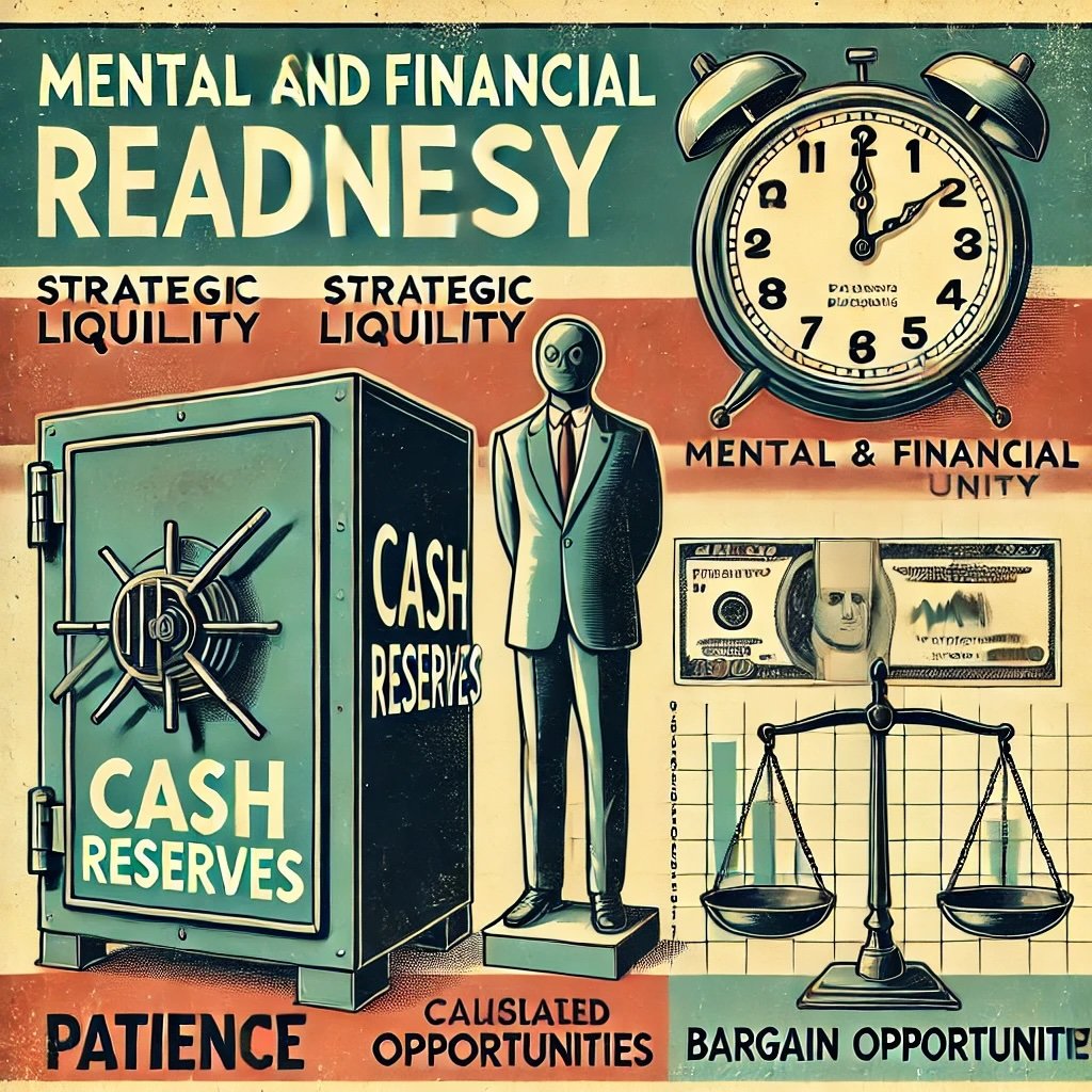 Mental and Financial Readiness features figure standing beside vault labeled cash reserves accompanied clock symbolizing patience and balance scale calculated decision-making