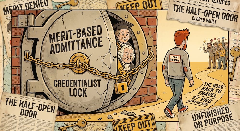 A retro cartoon collage showing a massive steel bank vault labeled 'MERIT-BASED ADMITTANCE' secured by a heavy golden chain and padlock. The door is cracked open two inches, revealing the smug faces of gatekeepers in robes. A red-haired man wearing a 'Travel Industry' jacket turns his back to the locked vault and walks down a path labeled 'THE ROAD BACK TO TRAVEL'.