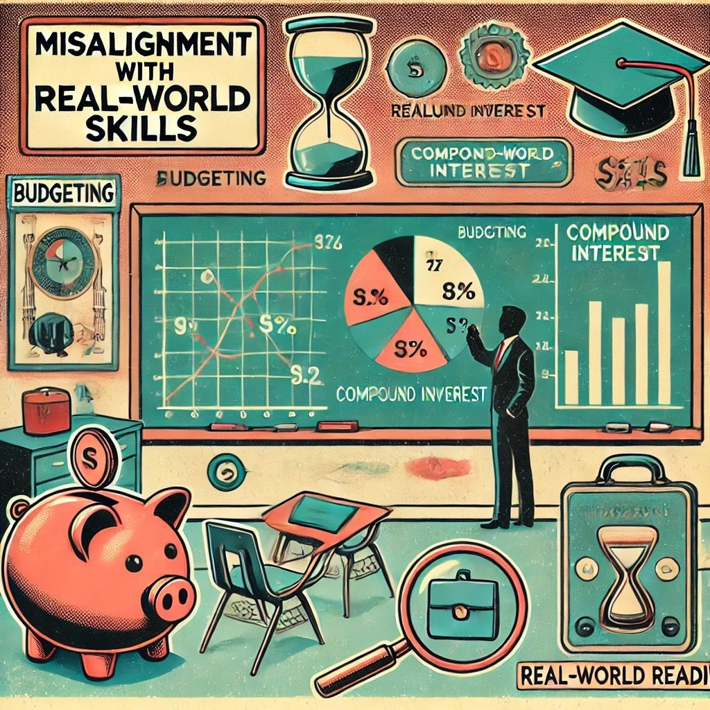 Misalignment with Real-World Skills juxtaposes classroom chalkboard theoretical equations against icons piggy bank Budgeting graph for Compound Interest and Career Skills