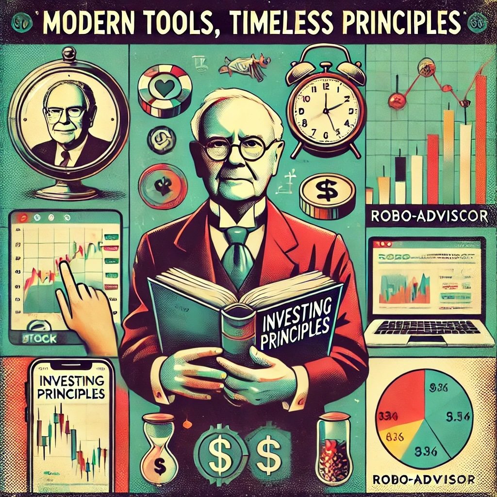 Modern Tools, Timeless Principles blending classic and contemporary investing approaches. A figure resembling Buffett holds a book labeled Investing Principles