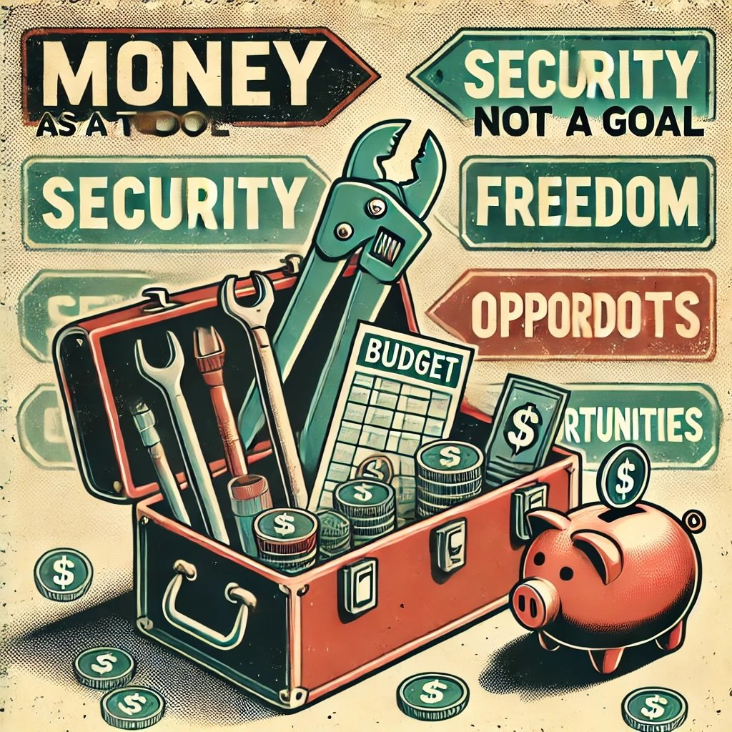 Money as a Tool, Not a Goal toolbox filled with coins, a budget sheet, and a piggy bank, symbolizing money as a resource rather than an end Security, Freedom, and Opportunities