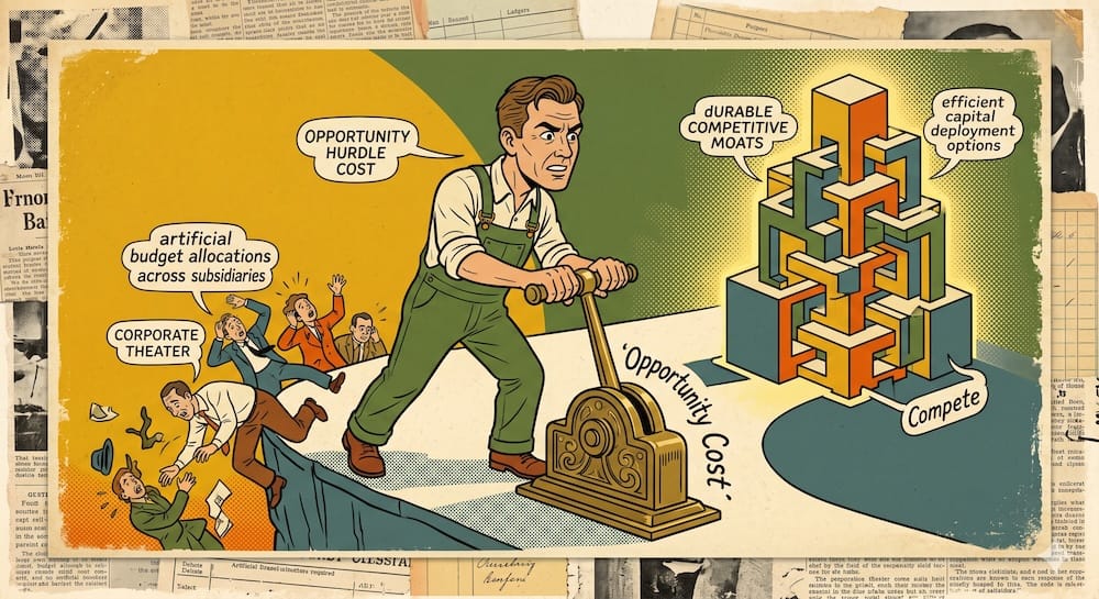 An earnest worker in overalls pulls a large brass lever marked 'HURDLE RATE'. This action physically moves a glowing building block labeled 'DURABLE COMPETITIVE MOAT' into place. Smaller, theatrical subsidiary figures fall from a ledge, reacting as the worker focuses. Text includes embedded keywords 'Opportunity Cost' and 'Compete' seamlessly integrated.
