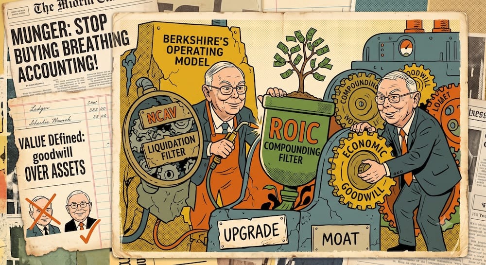 Berkshire Hathaway Munger Pivot: Visualizing The Structural Change From Deep Value Liquidation To Quality Compounding Mechanics A young Warren Buffett watering a robust money tree growing from a large machine labeled Berkshire Operating Model, showing the shift from unrecorded goodwill to ROIC compounding.