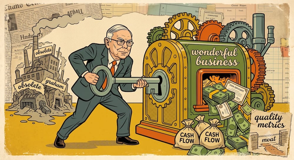 Charlie Munger’s Strategic Pivot: Wonderful Businesses and the Durable Cash Engine Charlie Munger inserting a massive key labeled 'wonderful business' into a colossal cash engine. The high-return machine expels cash, bypassing a pile of crumbling, obsolete factories.