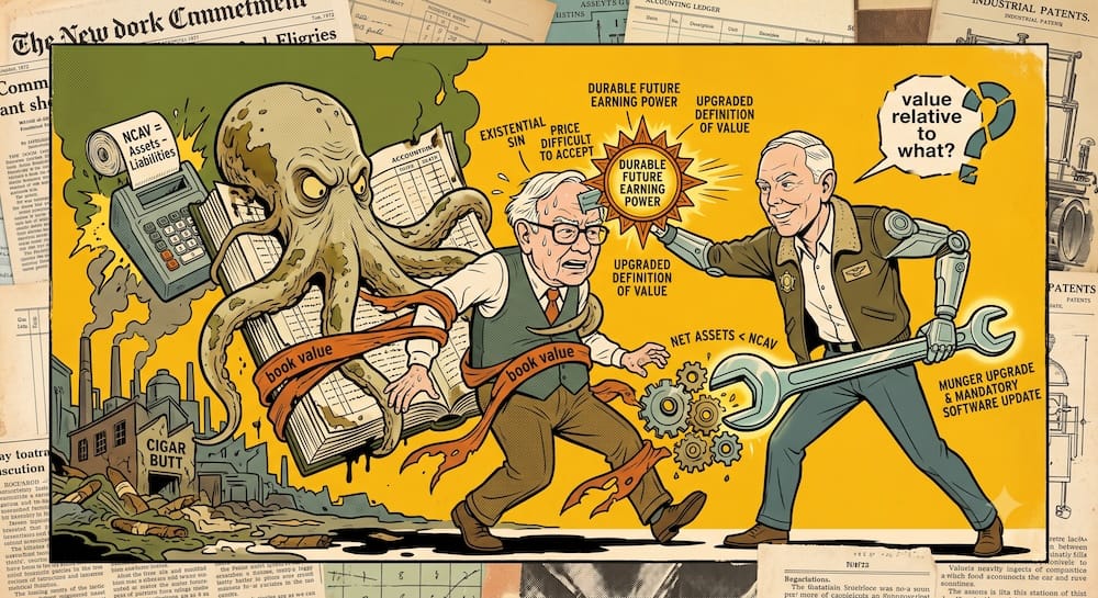 Charlie Munger presenting a glowing candy box labeled 'DURABLE EARNING POWER' to a hesitant Warren Buffett, who is holding a crumbling map labeled 'LIQUIDATION EXERCISE' while standing on a sinking 'NET-NET' cigar butt in a sea of vintage ledger fragments.