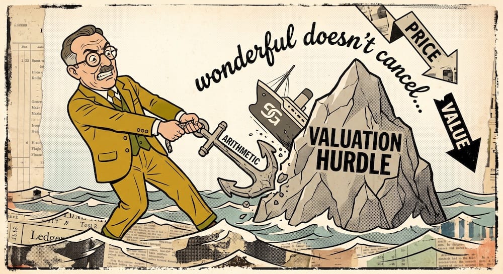 A sweating investor caricature struggling to pull a massive anchor labeled 'ARITHMETIC' as a rock formation labeled 'VALUATION HURDLE' sinks a ship with a generic 'wonderful business' logo.