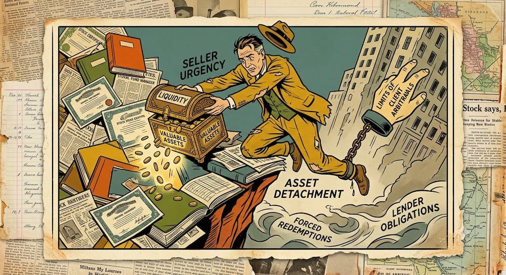 Mutual Fund Forced Selling Mechanics: Visualizing Seller Urgency and Asset Detachment Asset detachment illustration: a fund manager with an oversized key is bound by chains labeled 'Limits of Arbitrage' and 'Redemptions.' Forced by these constraints, he must sell 'Valuable Assets' from his portfolio rather than 'Poor Assets.' The image visualizes how institutional urgency detaches price from fundamental value.