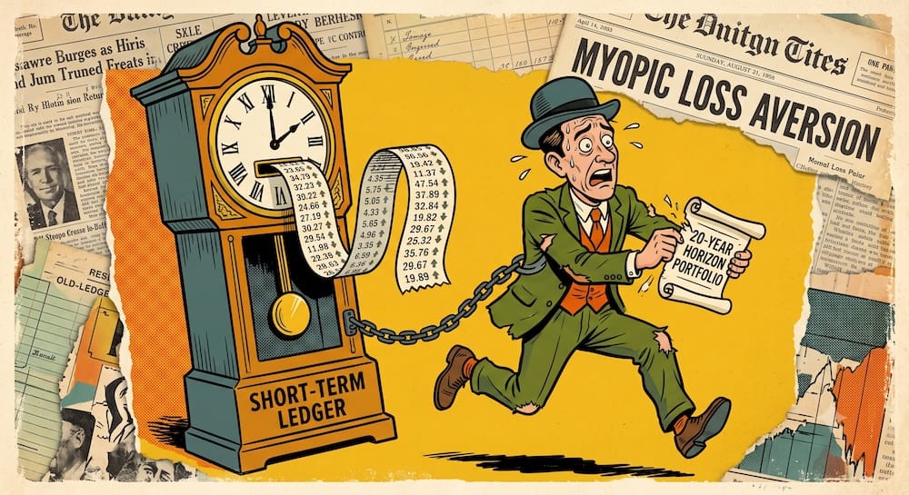 An interpretation of myopic loss aversion by Benartzi and Thaler. An investor in a vintage suit is chained to a grandfather clock which is actively spooling volatile ticker tape. While the clock's base reads 'SHORT-TERM LEDGER', the investor desperately tries to run while holding a '20-YEAR HORIZON PORTFOLIO' scroll. A headline in the background confirms the concept as 'MYOPIC LOSS AVERSION'. The visual symbolizes how frequent monitoring and short-term evaluation sabotage long-term strategies.