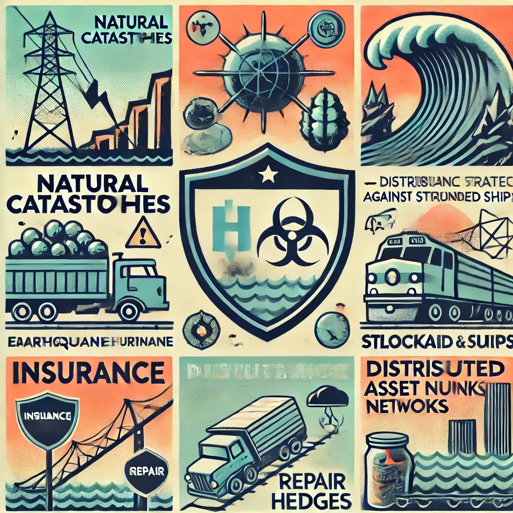 Natural Catastrophes impact of extreme weather events feature icons of an earthquake, hurricane, and tsunami disrupting infrastructure like rail lines and stranded ships