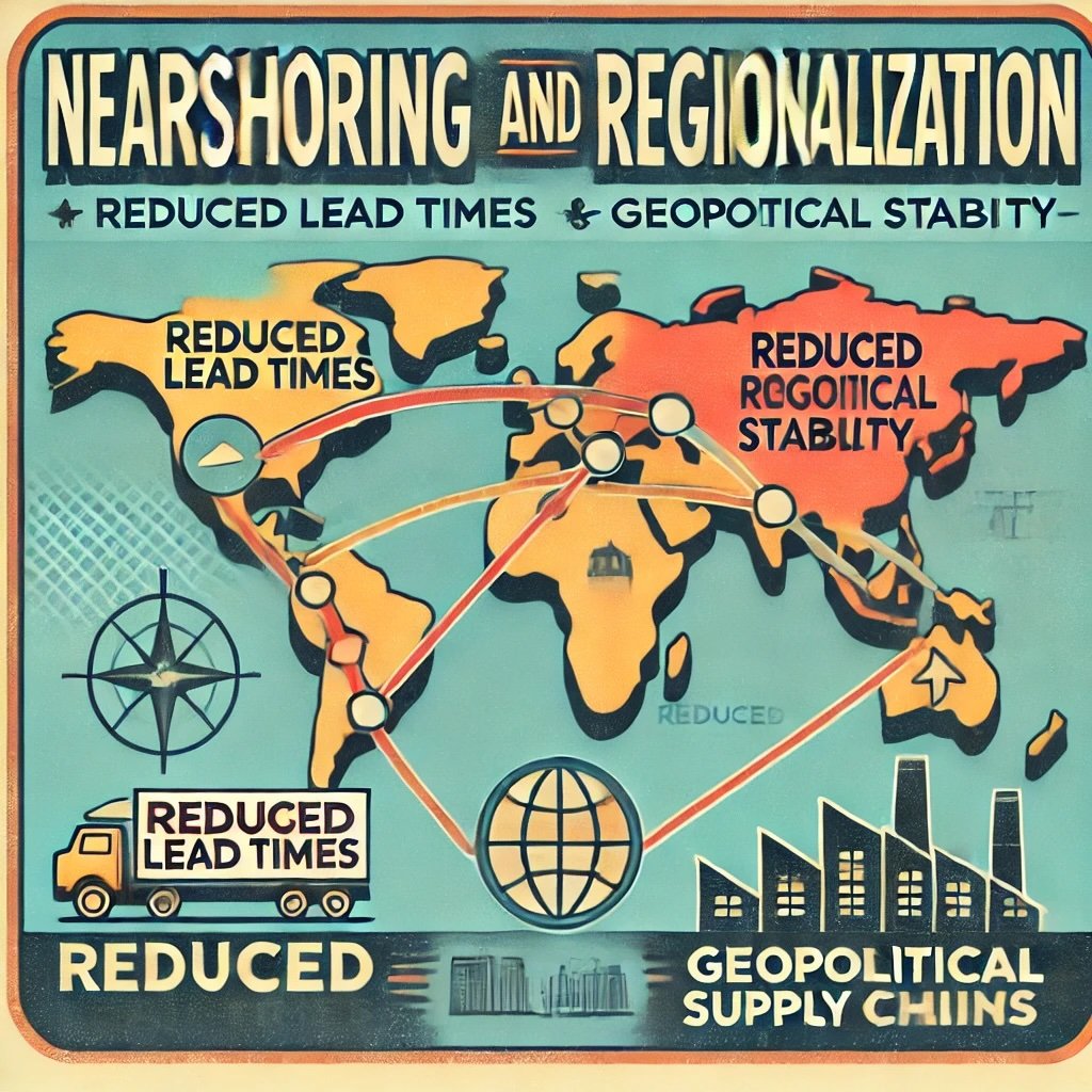 Nearshoring and Regionalization shift to shorter supply chains map show arrows connect factories to nearby consumer markets Reduced Lead Times and Geopolitical Stability