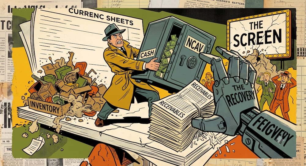 Un inversor sujeta desesperadamente una caja fuerte abierta de 'NCAV' que contiene 'CASH' mientras una enorme mano robótica mecánica etiquetada como 'THE RECOVERY' ataca agresivamente pilas de 'RECEIVABLES' y una caja de 'INVENTORY' sobre un libro contable. Esta escena representa cómo el superávit de un balance se puede achicar bajo estrés.