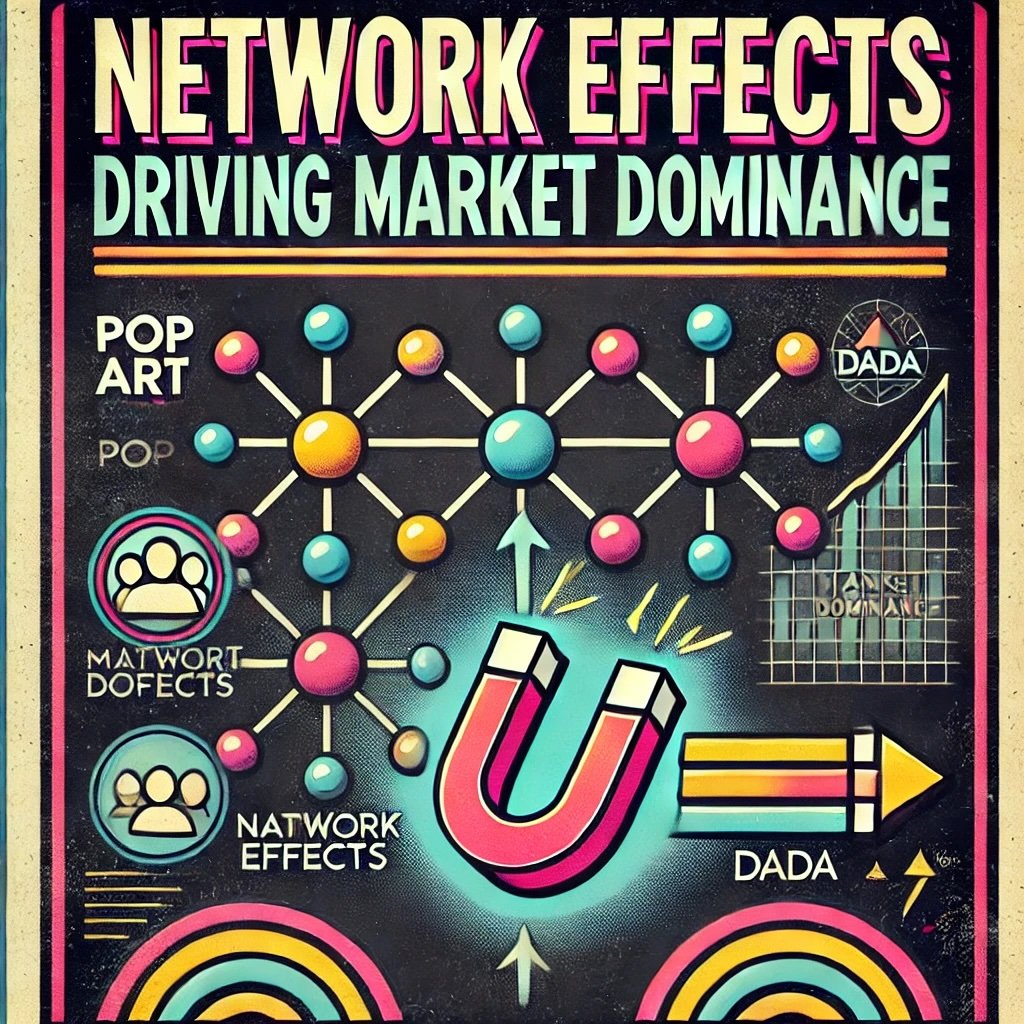 Network Effects: Driving Market Dominance featuring symbols like interconnected nodes to highlight the concept of self-reinforcing user growth in a nostalgic and insightful way