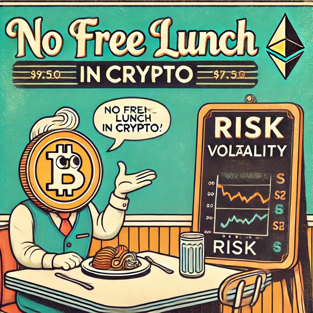 No Free Lunch in Crypto retro diner theme humorously represents a crypto coin at the counter, staring at a plate labeled Risk symbolizing the inherent challenges and uncertainties in the crypto market. The design emphasizes the importance of caution and effort in navigating this volatile landscape.