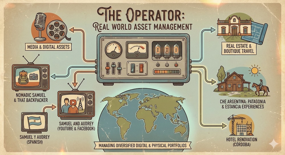 Retro-style infographic illustration titled "The Operator: Real World Asset Management." A central vintage control panel directs workflows to "Media & Digital Assets" on the left (showing icons for Nomadic Samuel & That Backpacker, Samuel and Audrey YouTube & Facebook, and Samuel y Audrey Spanish channels). On the right, it directs to "Real Estate & Boutique Travel" (showing icons for Che Argentina Patagonia & Estancia Experiences and Hotel Renovation Córdoba). A global map at the bottom features a banner reading "Managing Diversified Digital & Physical Portfolios."