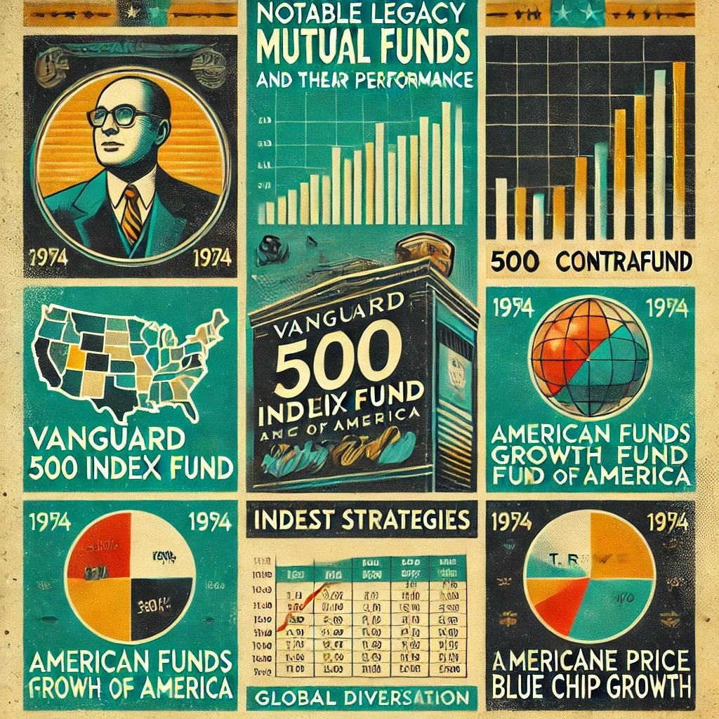 Notable Legacy Mutual Funds and Their Performance iconic funds like Vanguard 500 Index Fund, Fidelity Contrafund, American Funds Growth Fund of America and T. Rowe Price Blue Chip Growth. It emphasizes their unique strategies, long-term achievements, and resilience through market cycles. This visual celebrates their enduring impact and trusted place in the investment world.