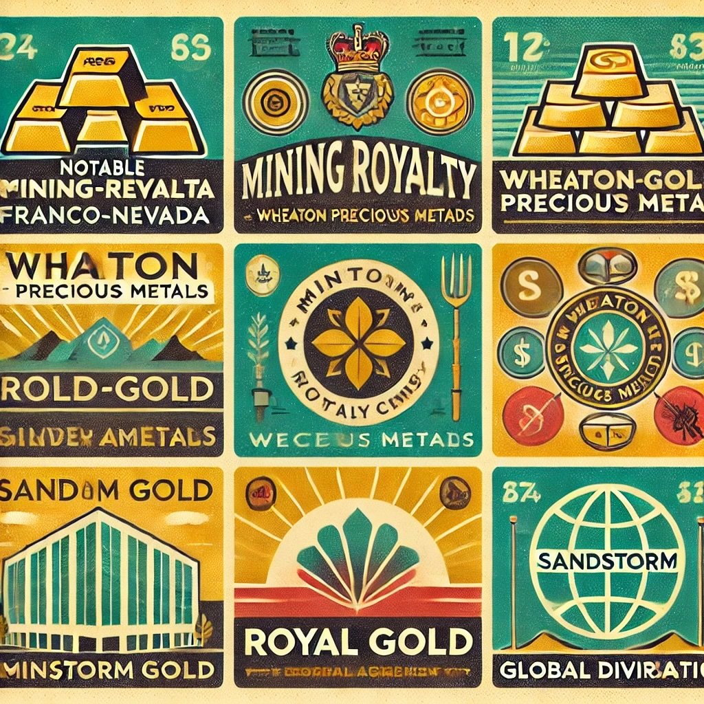 Notable Mining Royalty Companies and Their Models concept showcases key industry leaders such as Franco-Nevada, Wheaton Precious Metals, Royal Gold, and Sandstorm Gold. Each company's strengths, like diversified portfolios, innovative streaming agreements, and strategic acquisitions, are highlighted. This visual captures their unique contributions and resilience in the mining royalty sector, appealing to investors seeking reliable and strategic exposure to precious metals.