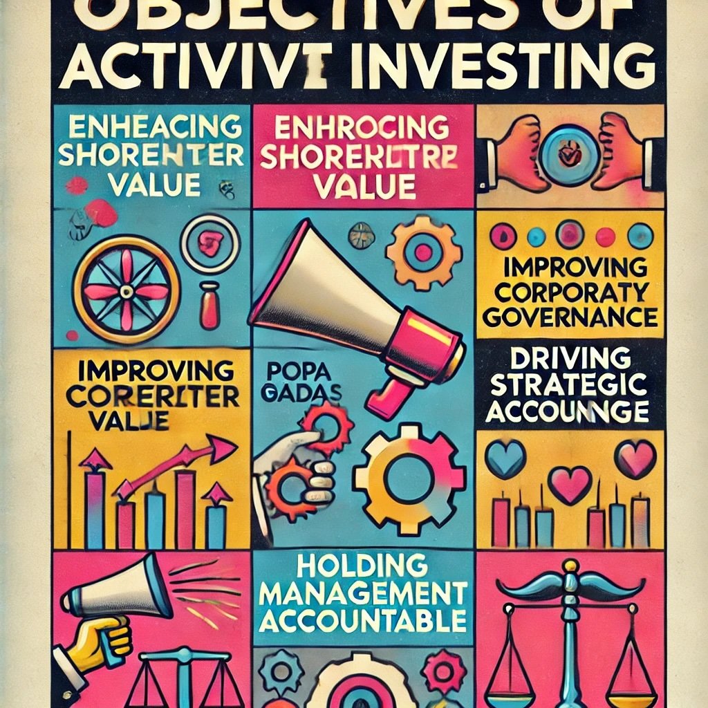 Objectives of Activist Investing captures key concepts like enhancing shareholder value, improving corporate governance, driving strategic change, and holding management accountable